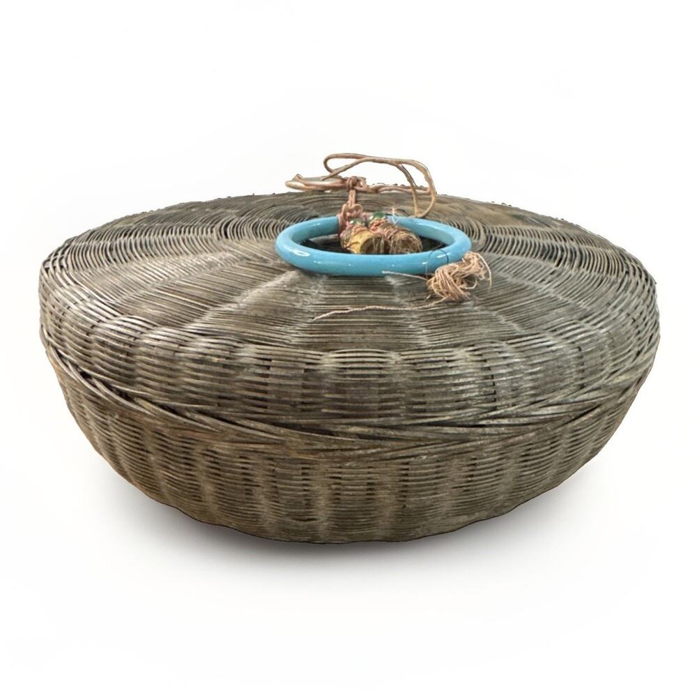 Vintage Wicker 10” Chinese Sewing Basket with Beads, Tassels and Ring